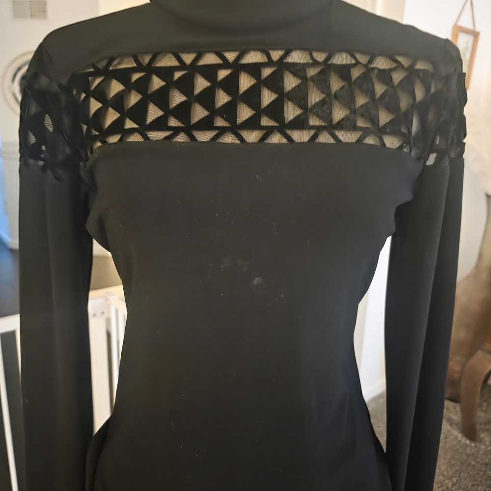 Joseph Ribkoff Black Long Sleeve Dress with Geometric Mesh Yoke